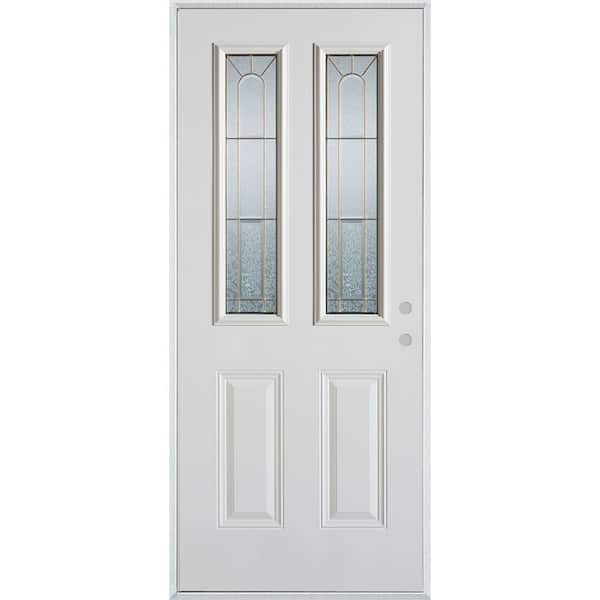 Stanley Doors 32 in. x 80 in. Geometric Brass 2 Lite 2-Panel Painted White Left-Hand Inswing Steel Prehung Front Door