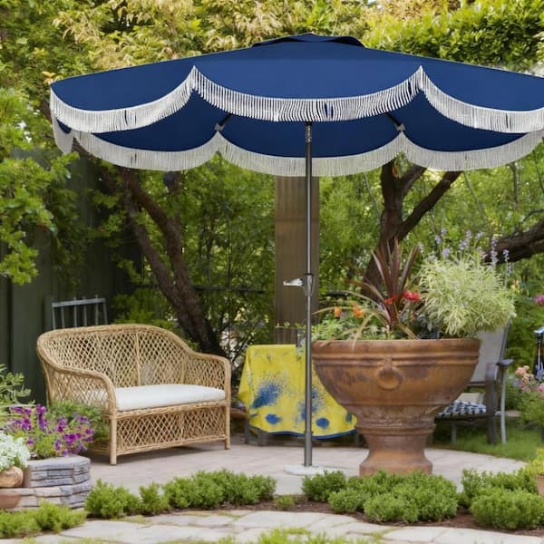 8 foot patio table umbrella 8.8 ft. Steel Vented Patio Table Umbrella Patio Umbrella with Crank, 8 Ribs  in Navy Blue UB-13