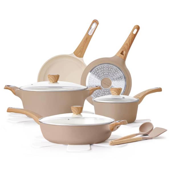 14-Piece Taupe Nonstick Aluminum Cookware Sets, Ceramic Pots and Pans Set, Non-toxic, All Stoves Compatible