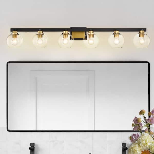 51.25 in. 6-Light Matte Black and Gold Bathroom Vanity Light with Clear Globe Glass Shades