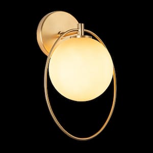 Kai 7.87 in. 1-Light Brass Ring Opal Glass Globe Wall Sconce