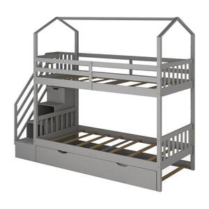 40 in. W Gray Multifunctional Twin Over Twin House Bunk Bed with Staircase and Storage Space