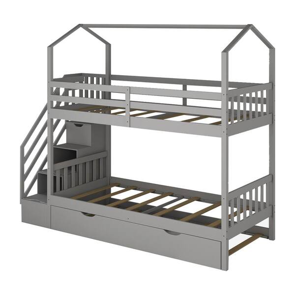 JASMODER 40 in. W Gray Multifunctional Twin Over Twin House Bunk Bed ...