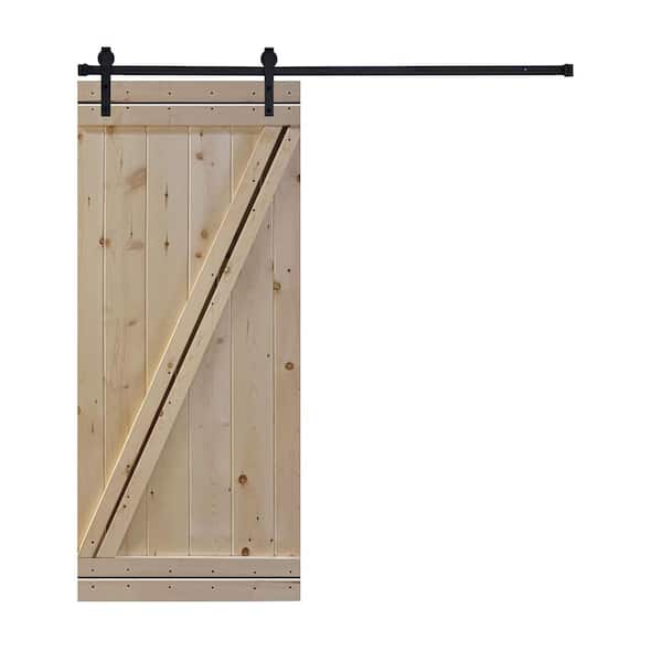AIOPOP HOME Modern Z Style Series 30 in. x 84 in. Mother Nature Unfinished Knotty Pine Wood DIY Sliding Barn Door with Hardware Kit