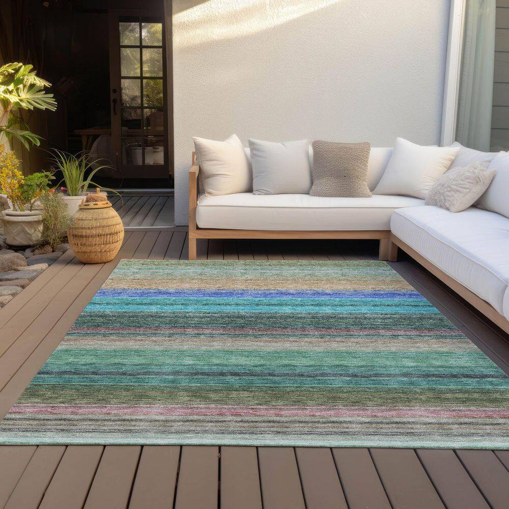 Sage and Blue Striped Synthetic 9' x 12' Washable Rug