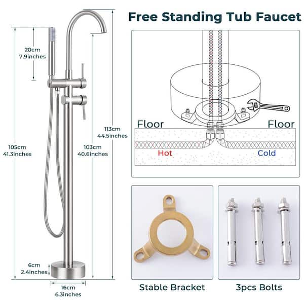 Double-Handle Claw Foot Tub Faucet Freestanding Floor Mount Roman Tub Faucet with Waterfall Spout in Brushed Nickel