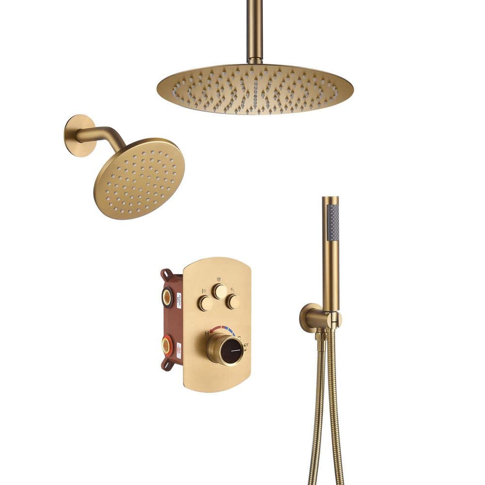 Brushed Gold Dual Rainfall Shower System with Handheld Spray