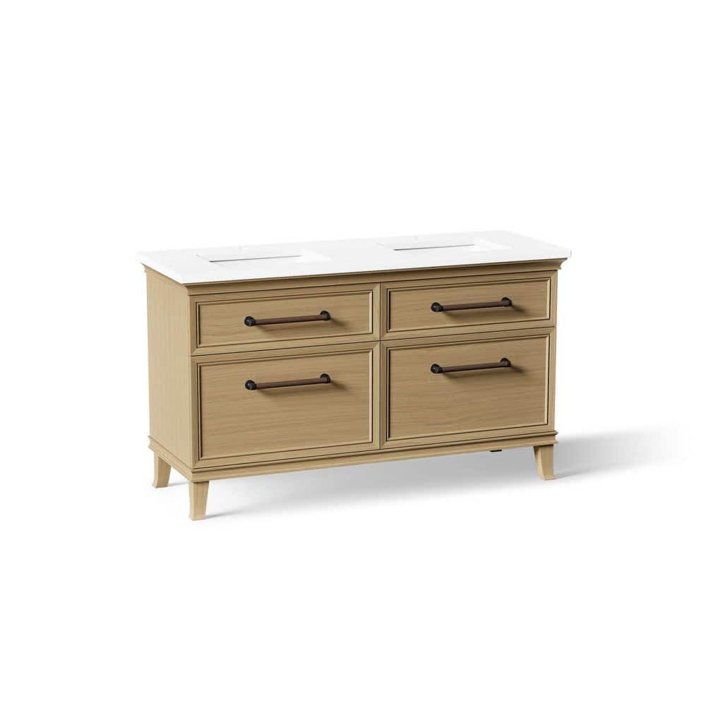 Artifacts 60 in. 2 Basin Freestanding Light Oak Bath Vanity with Miami White Quartz Top and Black Hardware