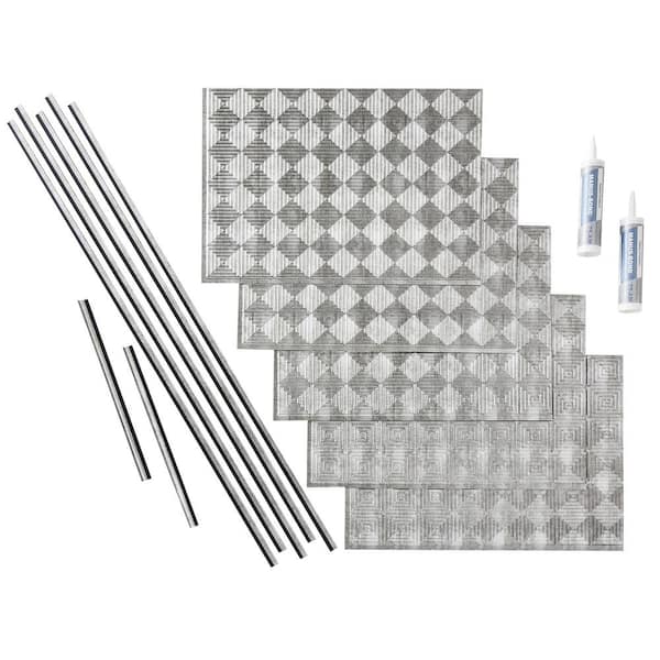 Fasade Miniquattro 18 in. x 24 in. Crosshatch Silver Vinyl Decorative Wall Tile Backsplash 15 sq. ft. Kit