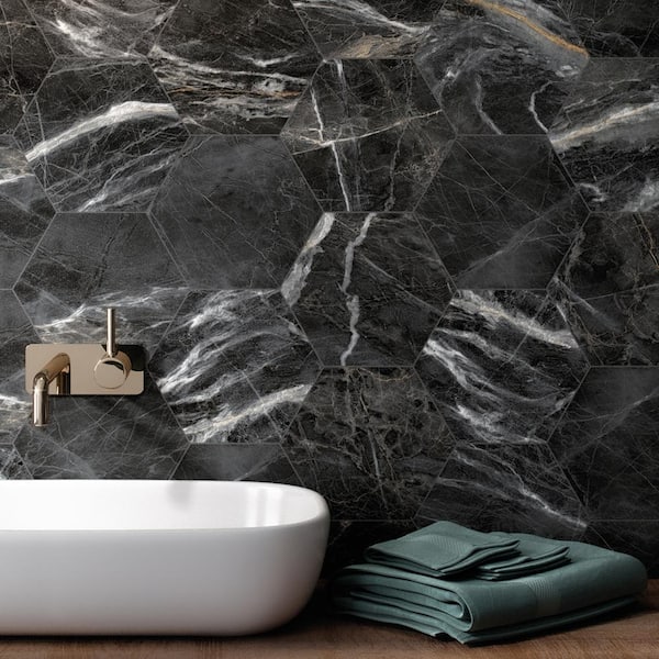 Elegance Marquina Gold Hexagon 7.7 in. x 8.9 in. Matte Porcelain Marble look Floor and Wall Tile (9.05 sq. ft./Case)