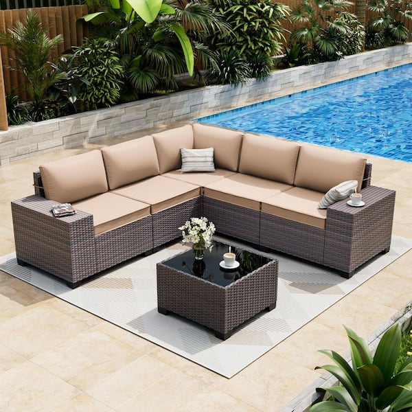 6-Piece Wicker Outdoor Sectional Set with Sand Cushion