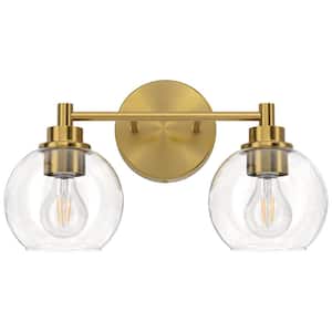 14.6 in. 2-Light Antique Brass Vanity Light with Clear Glass Shade E26 Sockets for Bathroom Bedroom Hallway Living Room