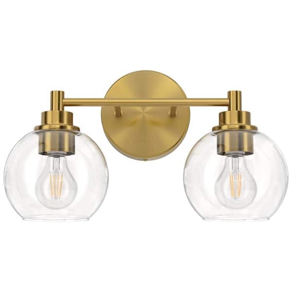 Merra 14.6 in. 2-Light Antique Brass Vanity Light with Clear Glass Shade E26 Sockets for Bathroom Bedroom Hallway Living Room