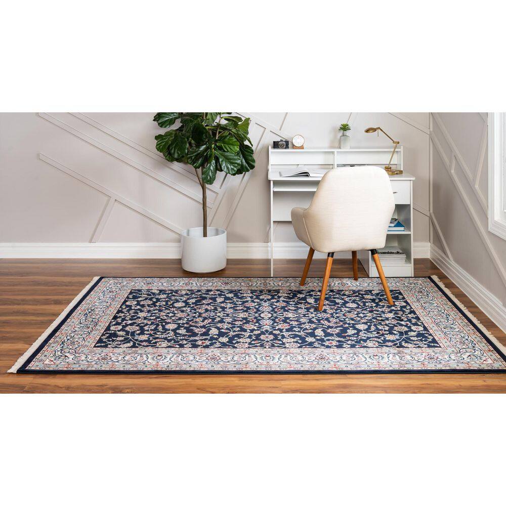 Navy Blue and Beige Floral Synthetic 8x10 Area Rug