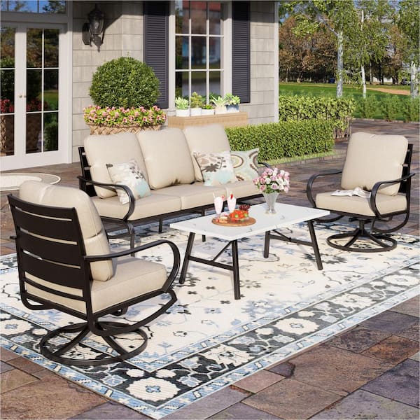 PHI VILLA Metal 5 Seat 4-Piece Steel Outdoor Patio Conversation Set With Swivel Chairs, Beige Cushions and Marble Pattern Table