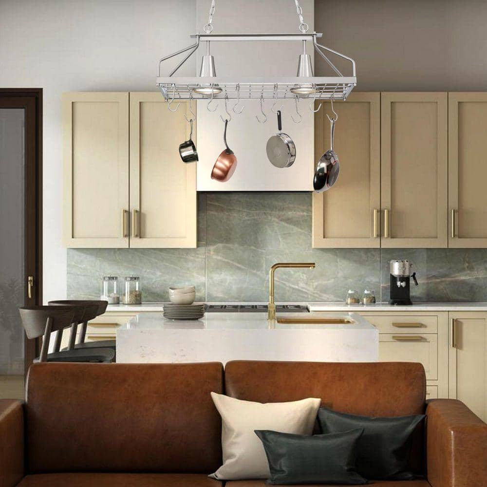 Meridian Pot Rack WISBEAM Retro 2-Light Brushed Nickel Farmhouse Kitchen Island ...