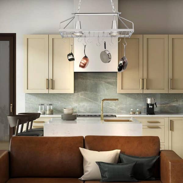 Retro 2-Light Brushed Nickel Farmhouse Kitchen Island Chandelier Pot Rack