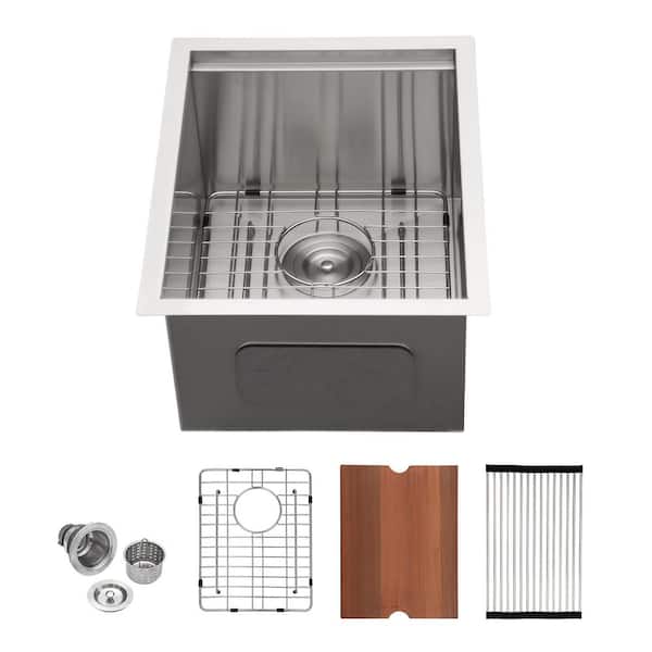 17 in. Undermount Workstation Bar Sink Brushed 16-Gauge Stainless Steel Prep Sink