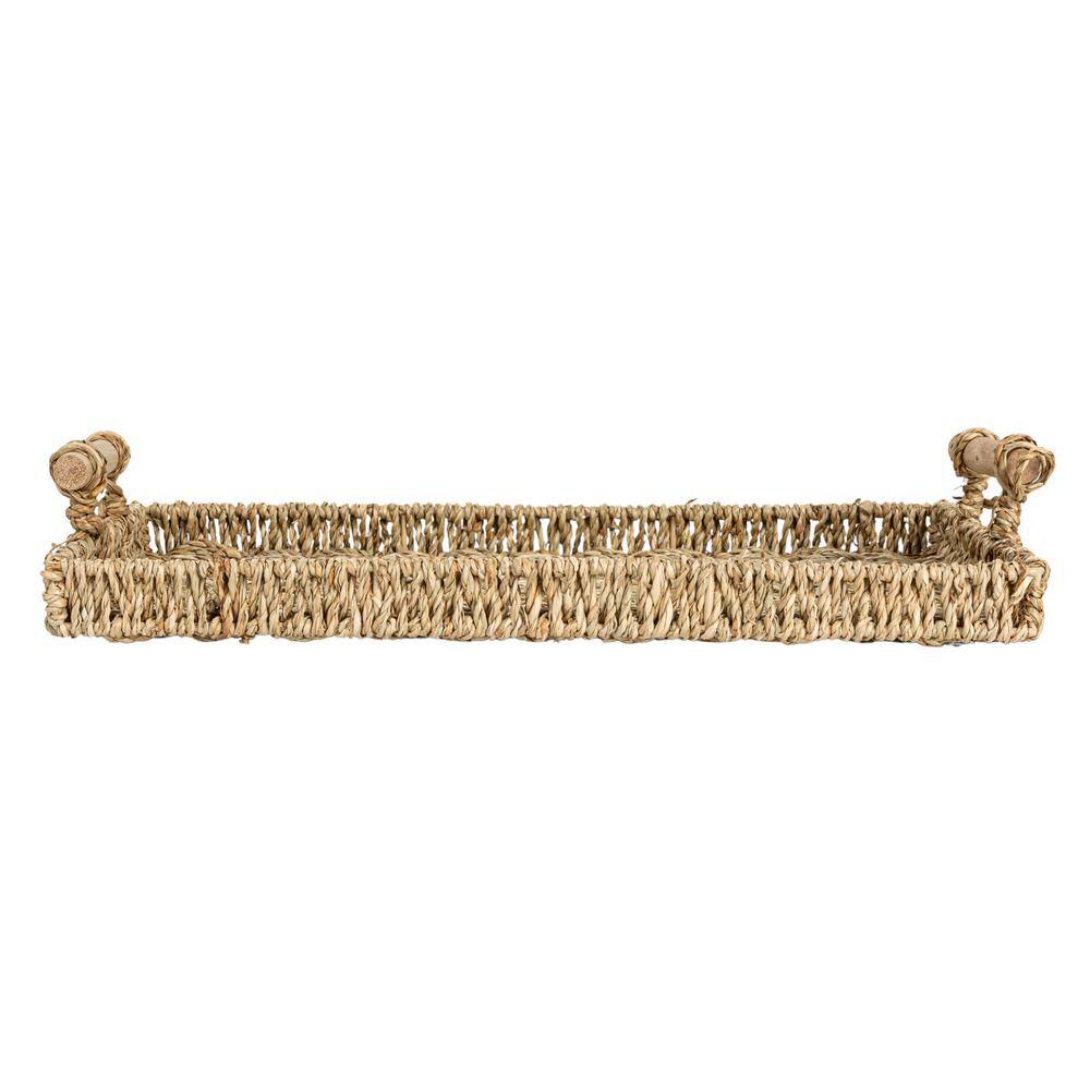 Natural Seagrass and Wood Rectangular Serving Tray Set with Handles
