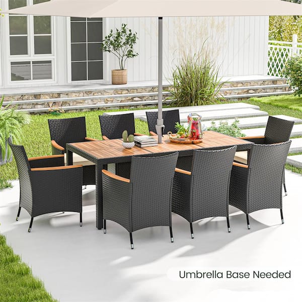 9-Piece Wood Rectangle 29.5 in Outdoor Dining Set with Cushions Beige