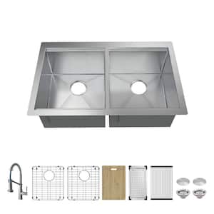 Professional Zero Radius 32 in. Undermount Double Bowl 16 Gauge Stainless Steel Workstation Kitchen Sink with Faucet
