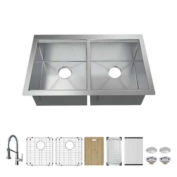 Glacier Bay Professional 32 in. Undermount Double Bowl 16 Gauge Stainless Steel Workstation Kitchen Sink with Spring Neck Faucet