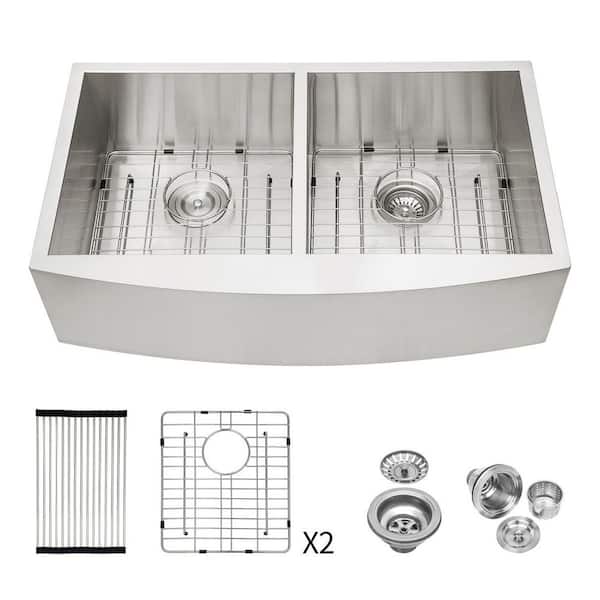36 in. Drop-In Double Bowl 16-Gauge Brushed Nickel Stainless Steel Kitchen Sink with Drain Assembly and Drying Rack