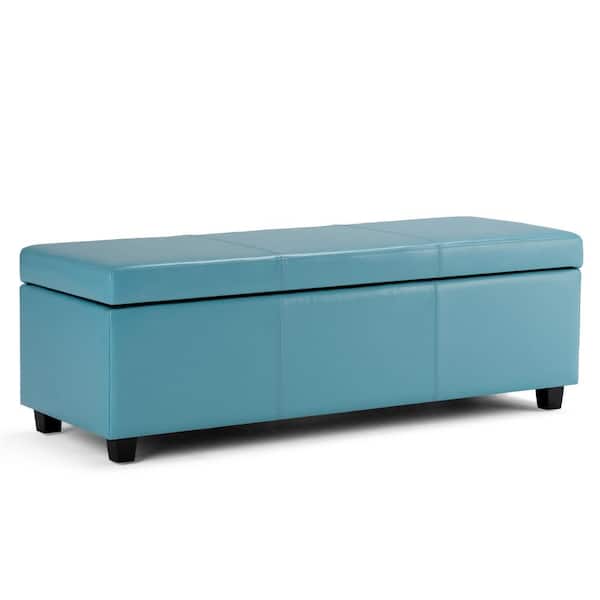 Simpli Home Avalon 48 in. Contemporary Storage Ottoman in Blue Faux Leather
