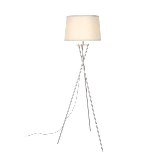 Uixe 61.1 in. Silver Metal Tripod Standard Floor Lamp with White Fabric Shade