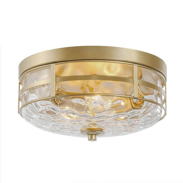 LALUZ Viola 3-Light Brass Modern Circle Flush-Mount with Drum Decorative Water Ripple Glass Shade Ceiling Light