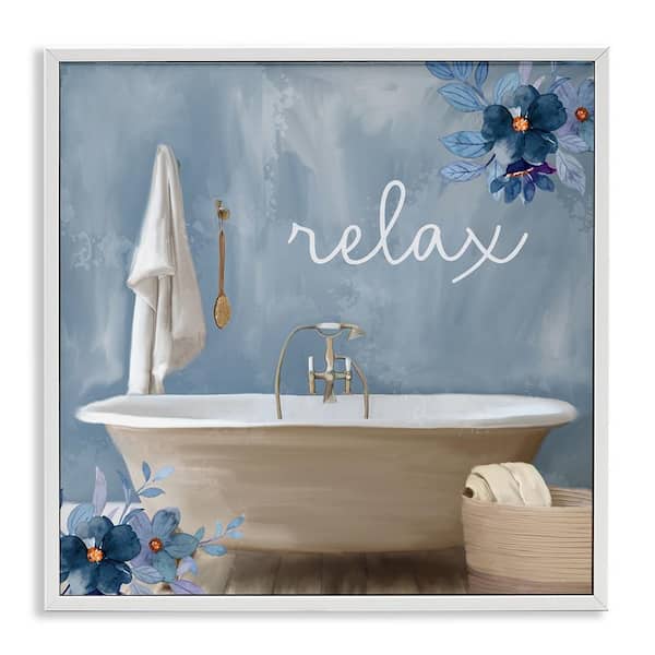 Blue Floral Relax Bathroom Scene by Kim Allen White Framed Giclee Art Print Typography 17 in. x 17 in.