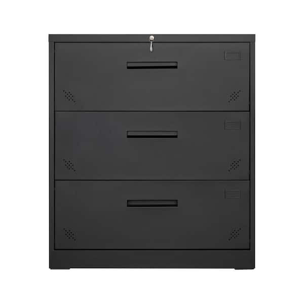 Tenleaf Black 3 Drawer Lateral Filing Cabinet for Legal/Letter A4 Size, Large Deep Drawers Locked by Keys