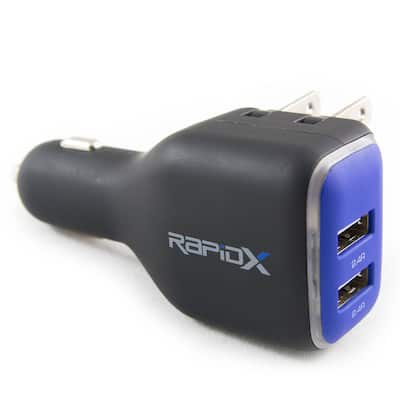 DualX Dual USB Charger for Car and Home, Blue