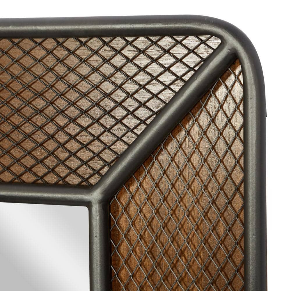 Brown Rectangular Wood Wall Mirror with Netting Frame
