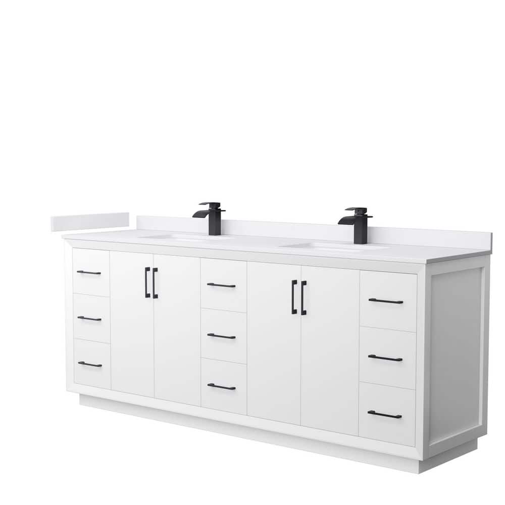 Wyndham Collection Strada 84 in. W x 22 in. D x 35 in. H Double Bath Vanity in White with White Cultured Marble Top, White with Matte Black Trim -  WCF414184DWBWCUNSMXX