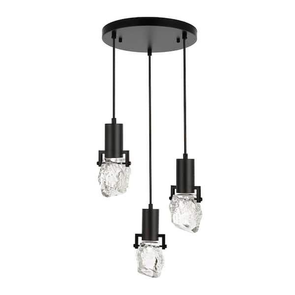 WINGBO 3-Light Modern Crystal Pendant Light Fixture Height Adjustable Hanging Light, Black