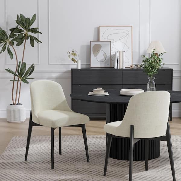 Dovelina Drum Willin Upholstered Modern White Dining Chairs with Black Leg (Set of 2)