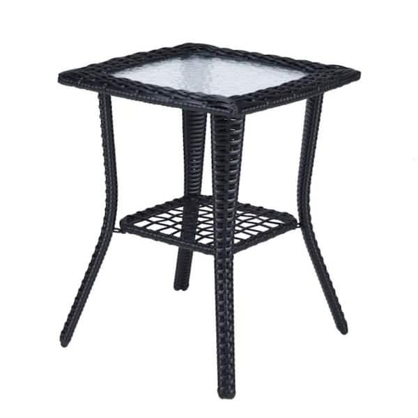 ESILOO 18 in. Wicker Side Table with Glass Top-2-Tier Outdoor Patio End Table for Garden, Porch, Balcony, Indoor Use