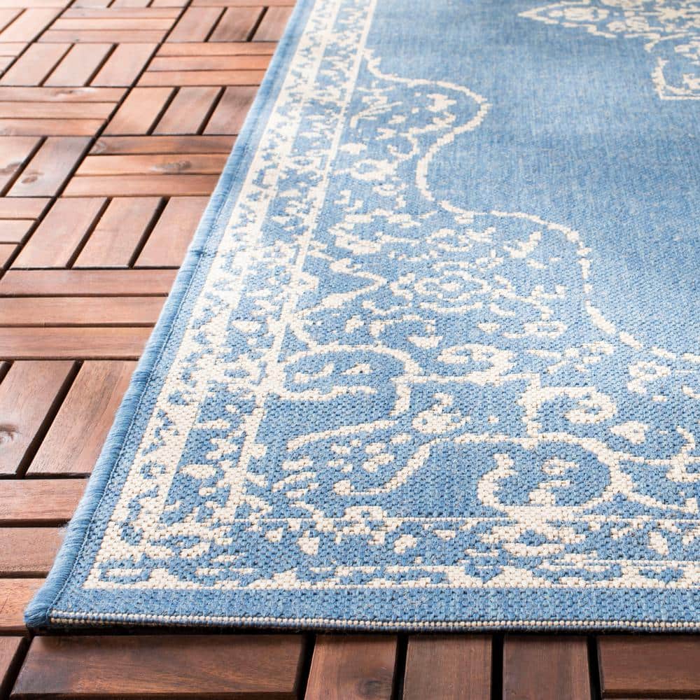 Cream and Blue Rectangular Stain-Resistant Outdoor Rug