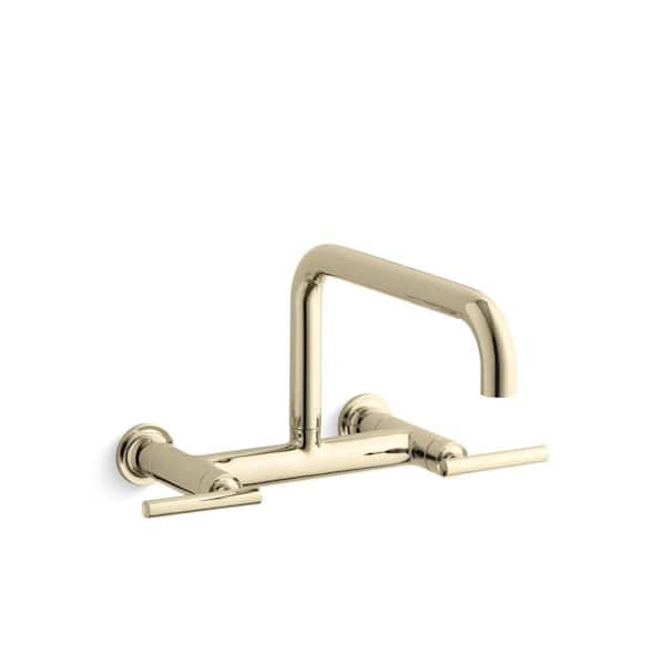 KOHLER Purist Double-Handle Wall Mount Bridge Kitchen Faucet in Vibrant French Gold