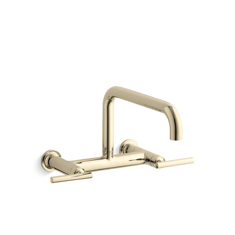 KOHLER Purist Double-Handle Wall Mount Bridge Kitchen Faucet in Vibrant French Gold 7549-4-AF ...