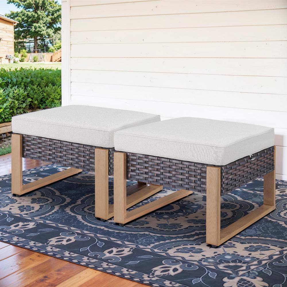 MetalWood Metal and Brown Wicker Outdoor Ottoman with Olefin Beige Cushion (2-Pack)