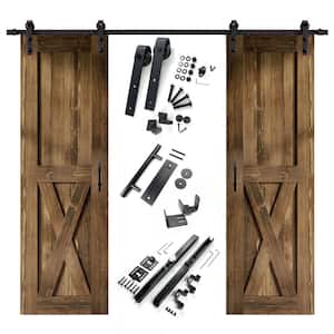 24 in. x 84 in. X-Frame Walnut Double Pine Wood Interior Sliding Barn Door with Hardware Kit Non-Bypass
