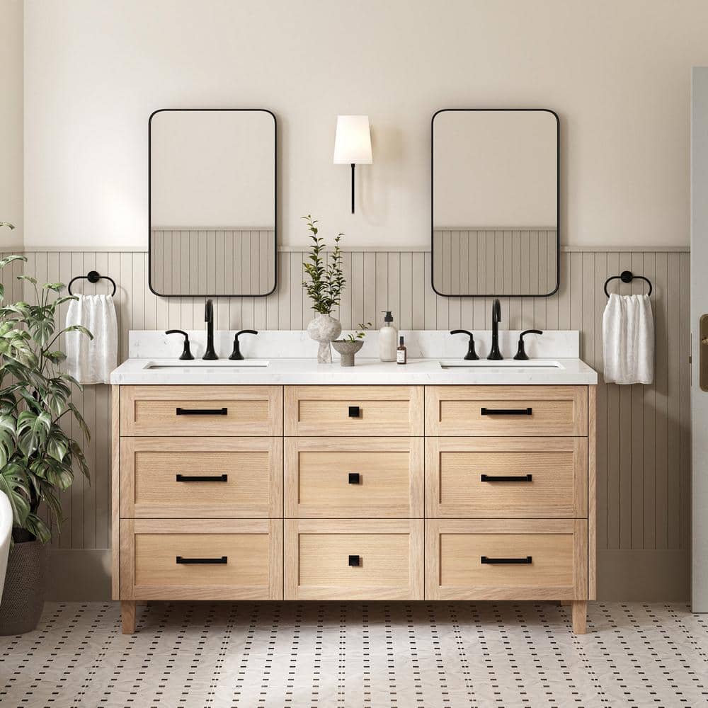 Monroe 66" Light Oak Double Sink Vanity with Carrara Quartz Top