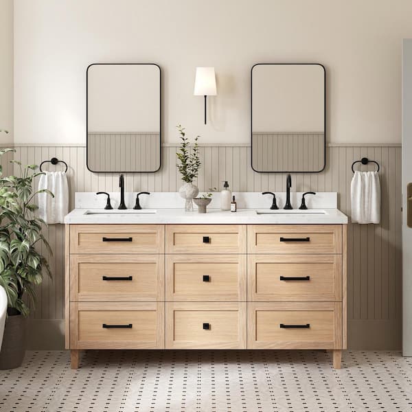 Monroe 66 in. W x 22 in. D x 36 in. H Double Rectangle Sink Bath Vanity in Oak with Carrara White Quartz Top