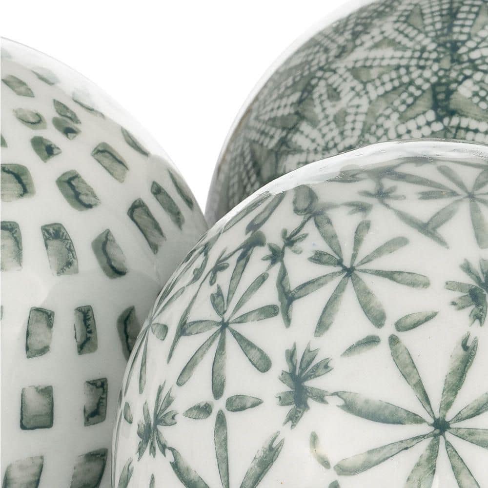 Set of 3 Green and White Ceramic Decorative Orbs