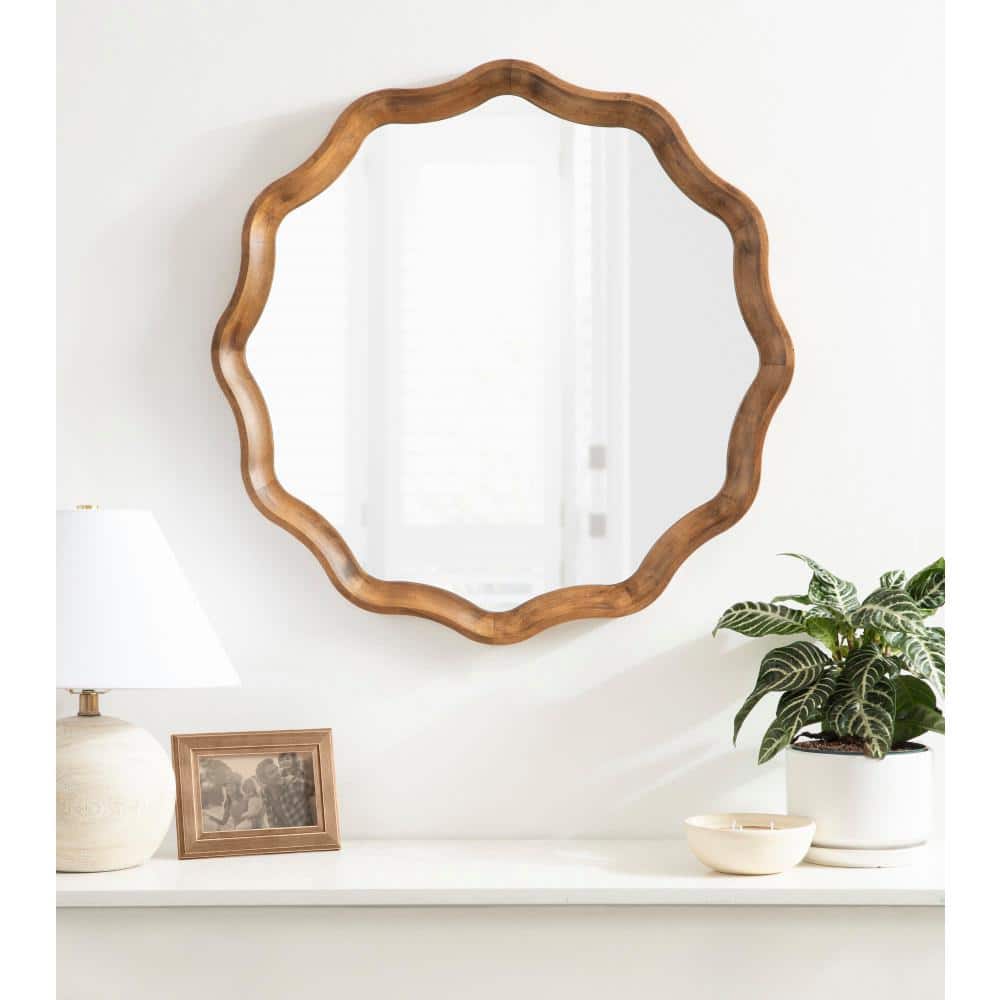Hatherleigh 28" Rustic Brown Scalloped Round Wood Mirror