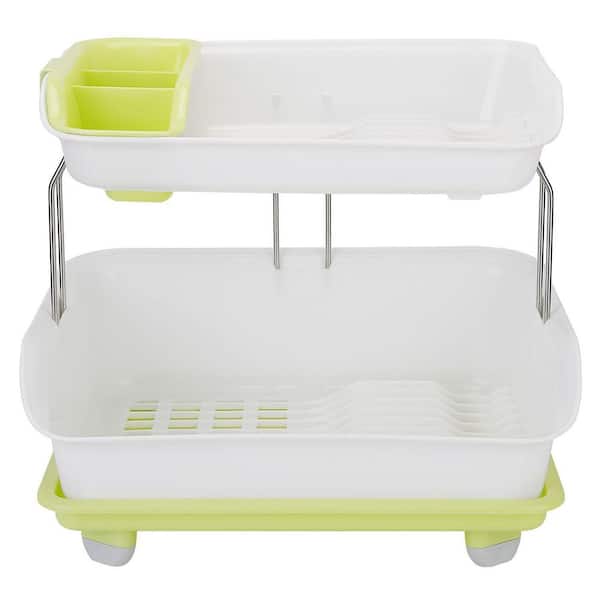 Green + White 2-Tier Cutlery Drainer Holder and Kitchen Storage Organizer Shelf Dish Rack