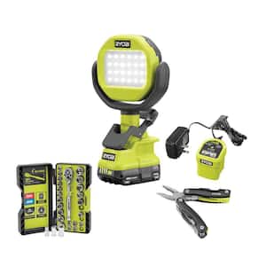 ONE+ 18V Cordless LED Clamp Light Kit with 1.5 Ah Battery, Charger, Ratchet and Socket Set, & 14-in-1 Compact Multi-Tool