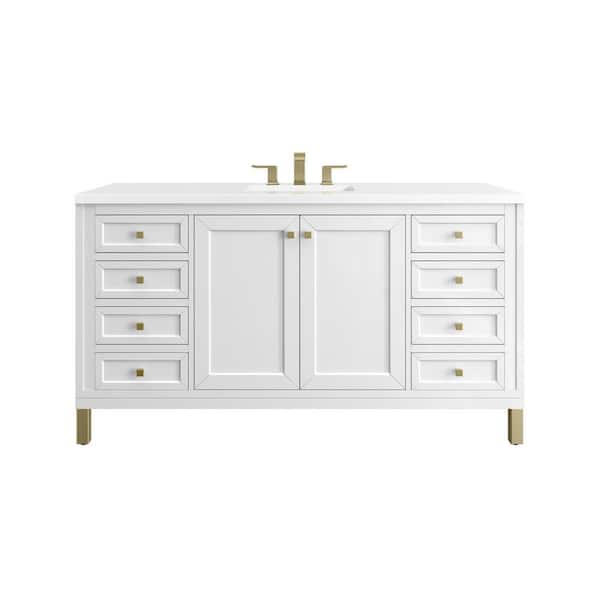 James Martin Vanities Chicago 60.0 in. W x 23.5 in. D x 34 in. H Bathroom Vanity in Glossy White with White Zeus Quartz Top